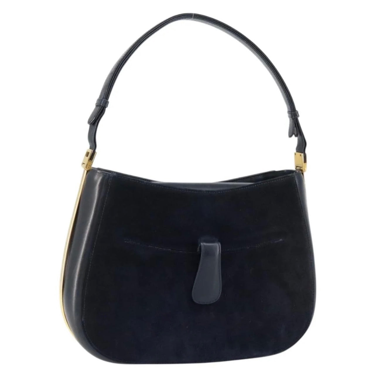 Gucci Navy Suede Shoulder Bag with Gold Hardware – 1990s