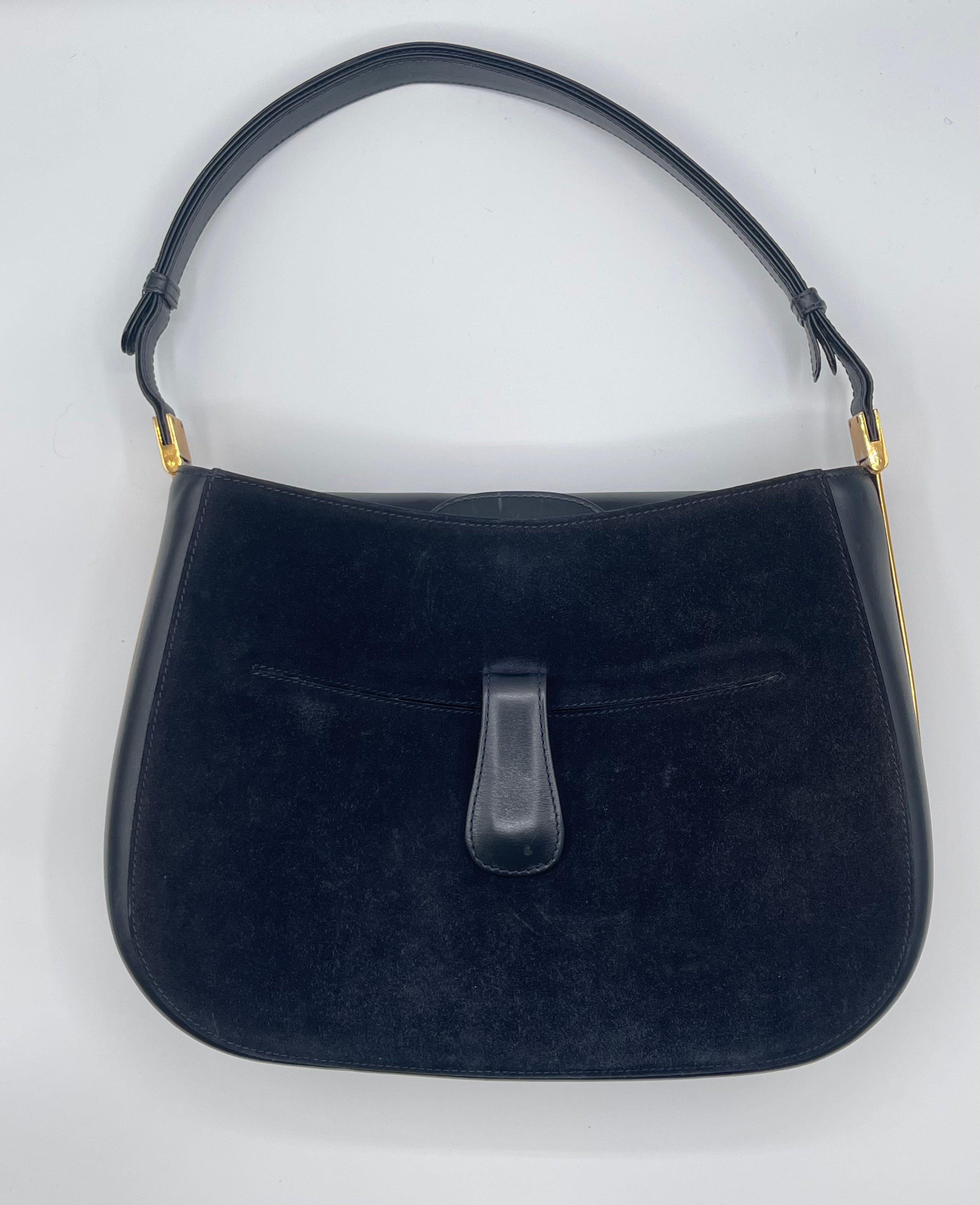 Gucci Navy Suede Shoulder Bag with Gold Hardware – 1990s