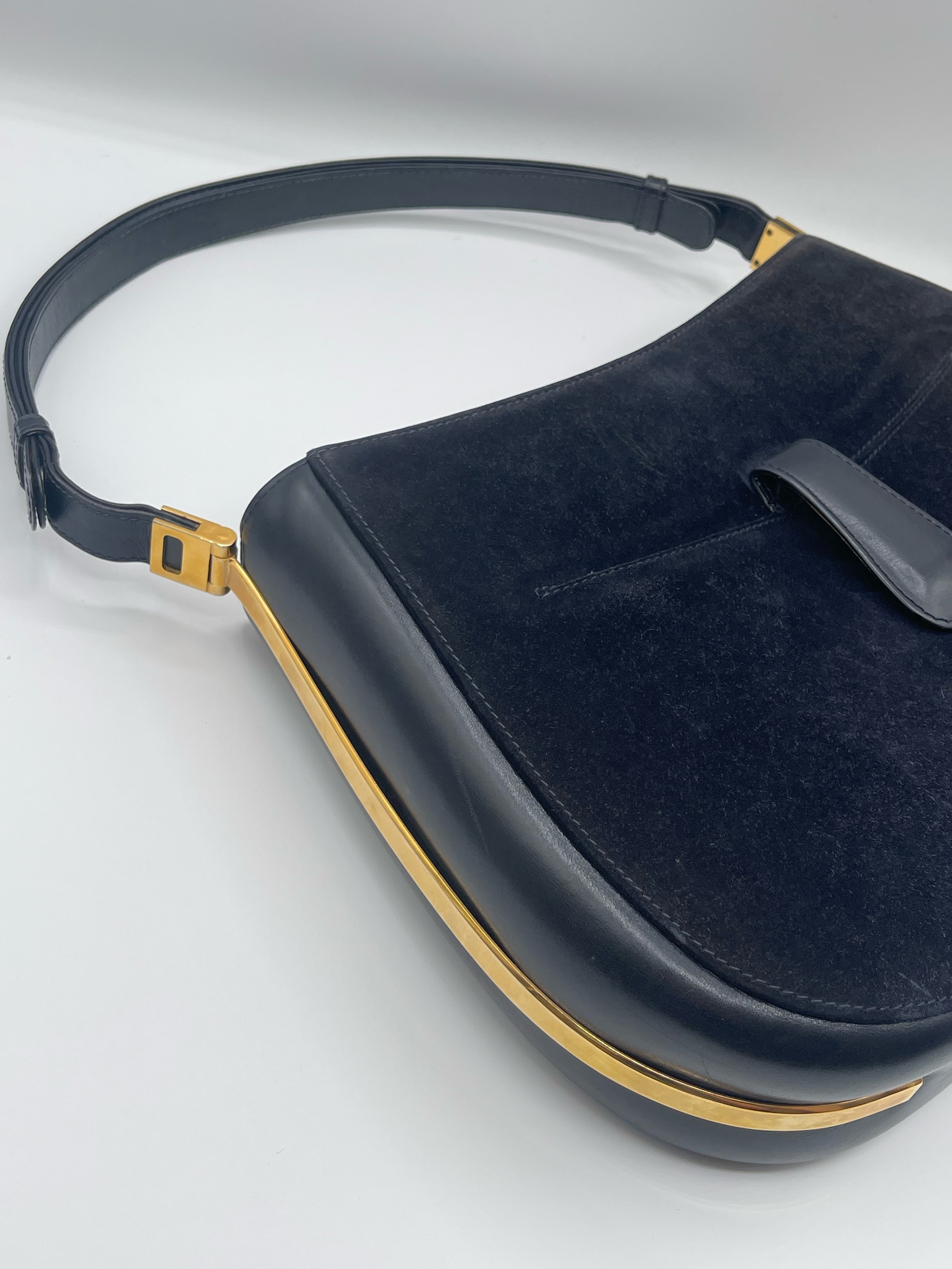 Gucci Navy Suede Shoulder Bag with Gold Hardware – 1990s