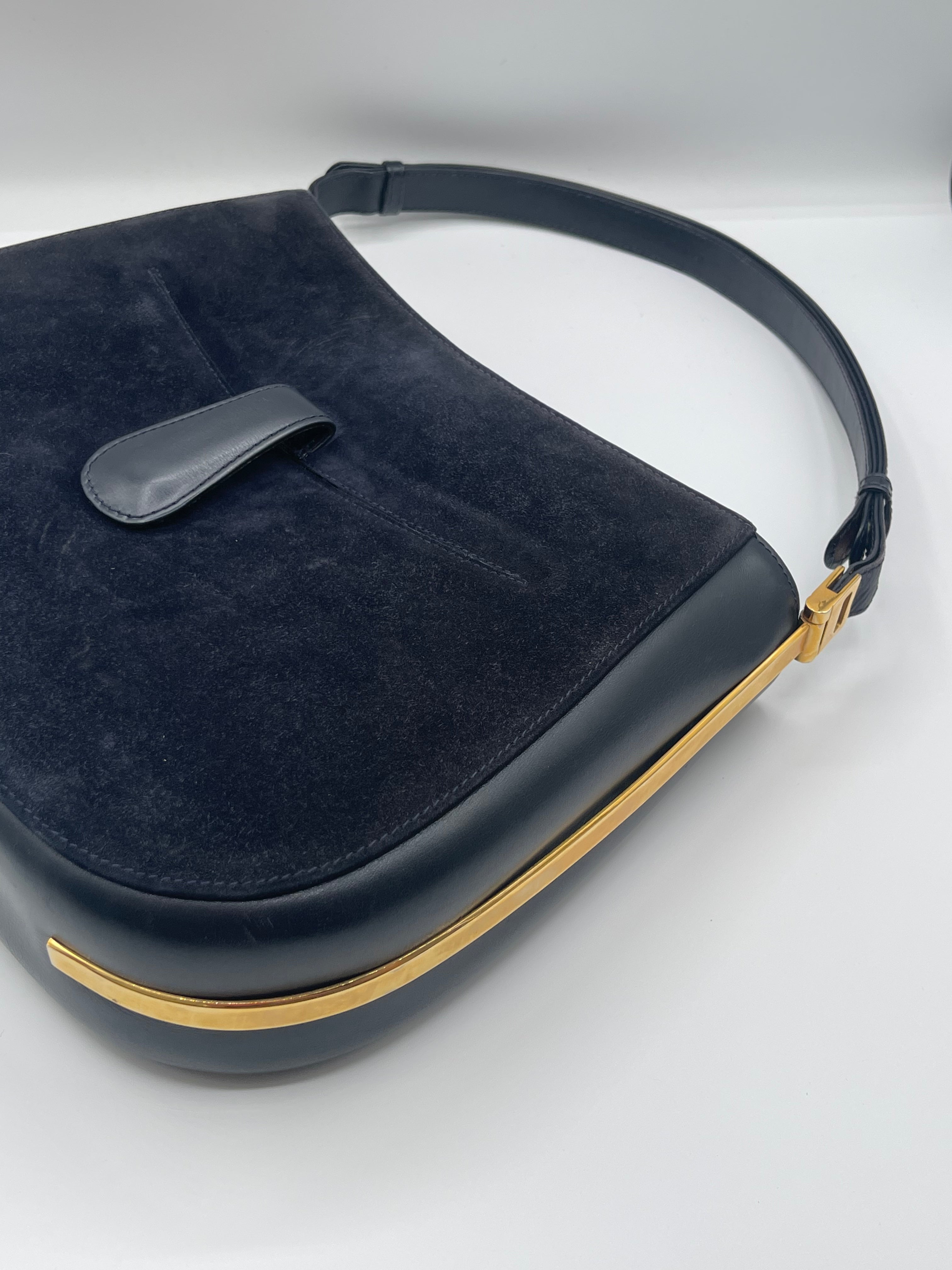 Gucci Navy Suede Shoulder Bag with Gold Hardware – 1990s