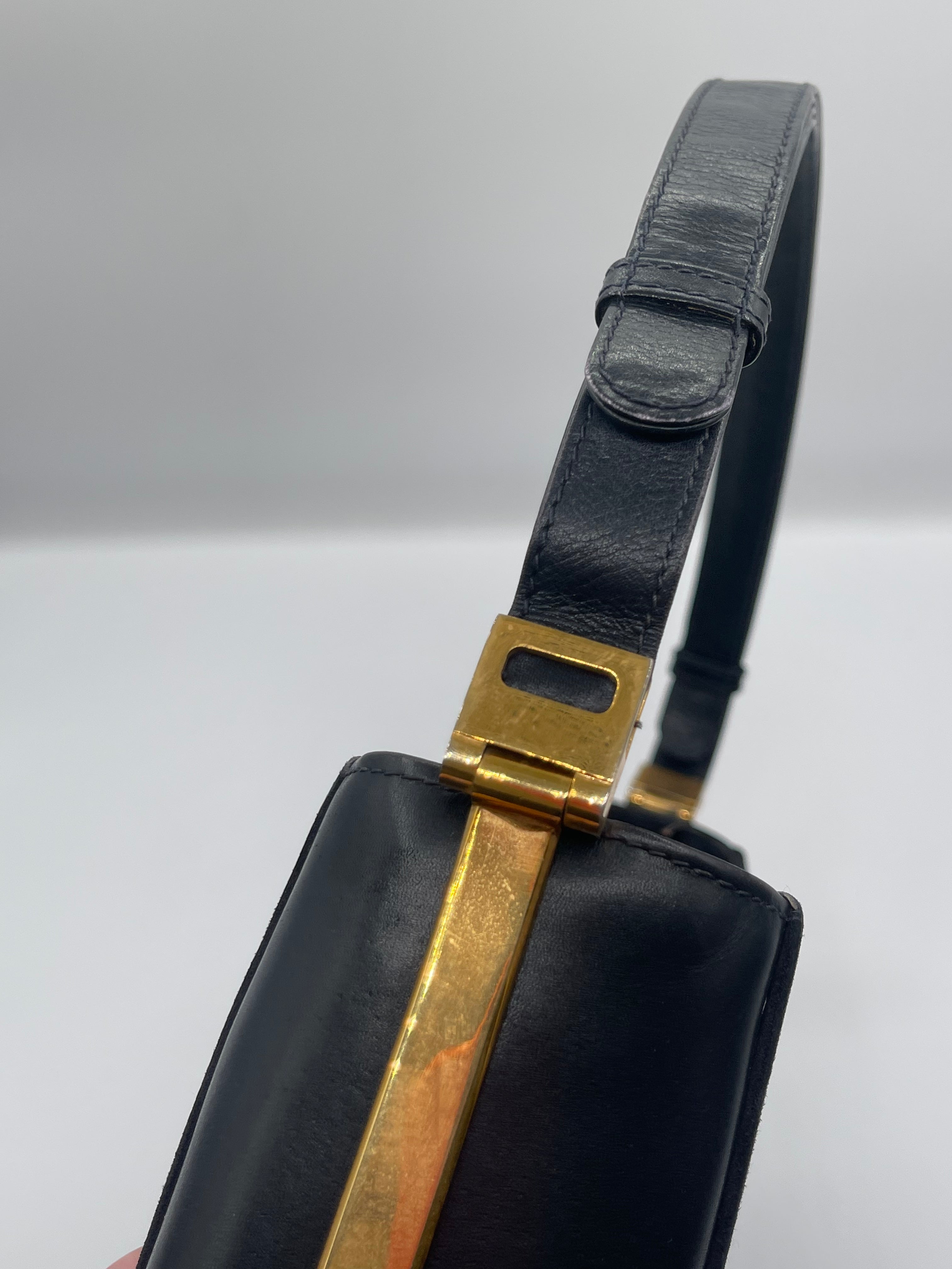 Gucci Navy Suede Shoulder Bag with Gold Hardware – 1990s