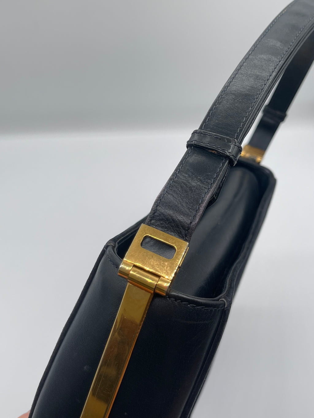 Gucci Navy Suede Shoulder Bag with Gold Hardware – 1990s