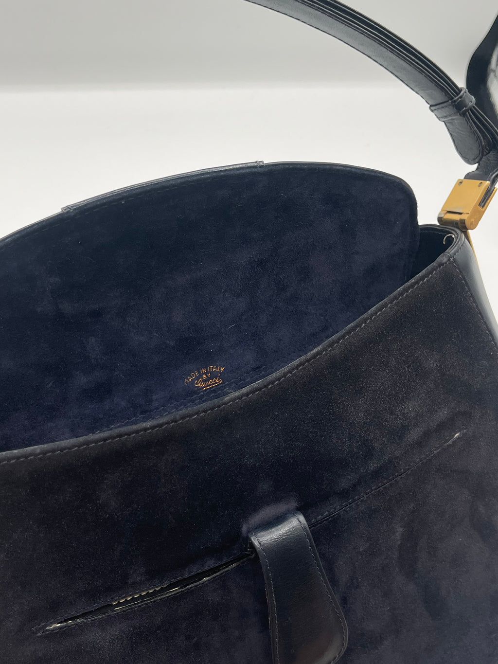 Gucci Navy Suede Shoulder Bag with Gold Hardware – 1990s